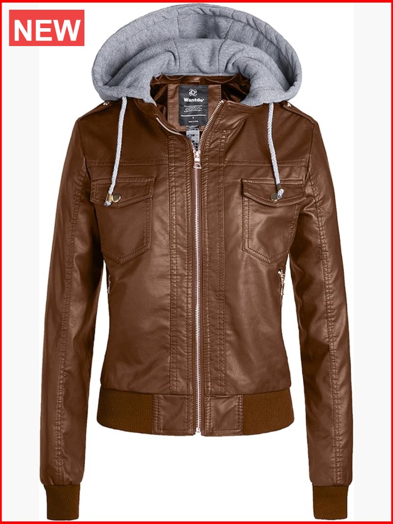 Lightweight Faux Leather Motorcycle Jacket With Removable Hood